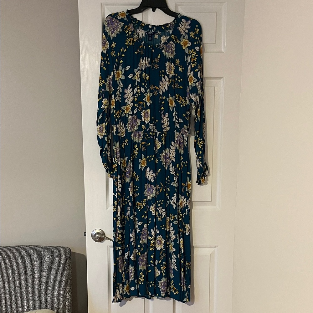 Chaps Teal Floral Long Sleeve Dress